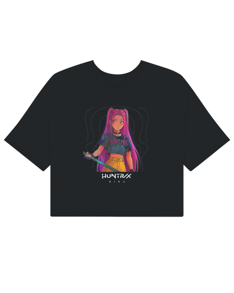 Style shot of a woman wearing the KPop Demon Hunters crop top with high-waisted jeans.

