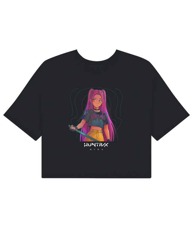 Style shot of a woman wearing the KPop Demon Hunters crop top with high-waisted jeans.

