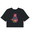Style shot of a woman wearing the KPop Demon Hunters crop top with high-waisted jeans.

