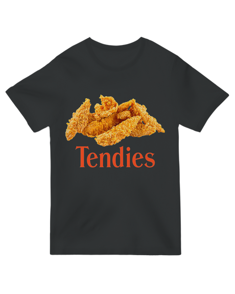 "Gamer wearing black ‘Chicken Tendies’ t-shirt holding controller with chicken nugget bag on desk"