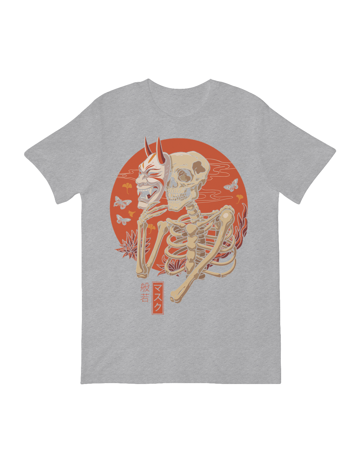 Traditional Noh theater demon mask with bones artwork

