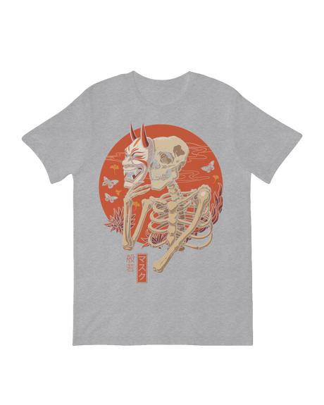 Traditional Noh theater demon mask with bones artwork

