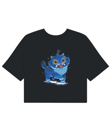 Woman wearing the KPop Demon Hunters crop top with high-waisted jeans, showing the comfortable fit.

