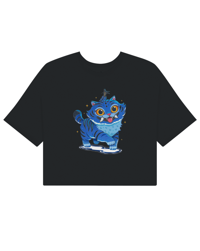 Woman wearing the KPop Demon Hunters crop top with high-waisted jeans, showing the comfortable fit.

