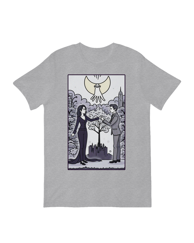 "Black Addams Family tribute t-shirt with subtle gothic lettering, styled for Wednesday Addams fans and vintage horror enthusiasts"