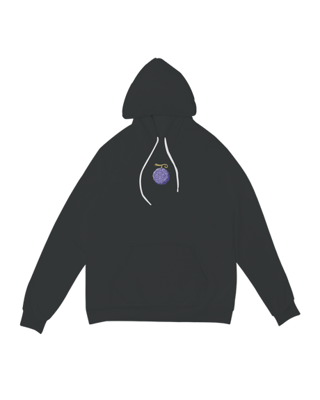 "Navy anime-inspired sponge fleece hoodie with mythical fruit graphic – unisex lightweight pullover"