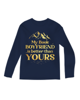 "Woman smirking while showing 'My Book Boyfriend Is Better' sleeve print on black tee"