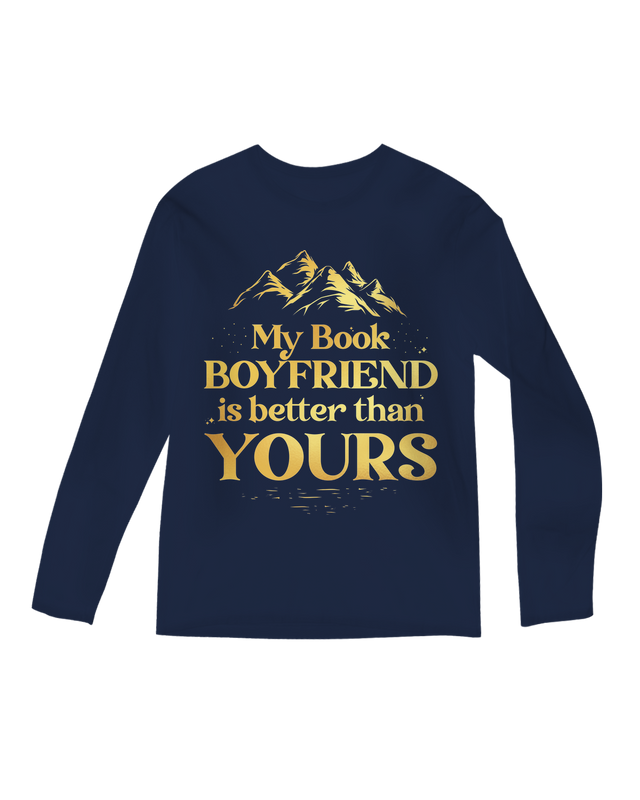 "Woman smirking while showing 'My Book Boyfriend Is Better' sleeve print on black tee"