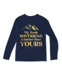 "Woman smirking while showing 'My Book Boyfriend Is Better' sleeve print on black tee"