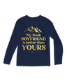 "Woman smirking while showing 'My Book Boyfriend Is Better' sleeve print on black tee"