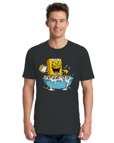 Alt Text: "Cereal K*ller graphic t-shirt with retro typography - black cotton tee for dark humor fans"
