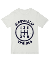 "Vintage-style 'Classically Trained' graphic t-shirt with distressed text on soft premium cotton"