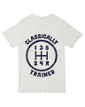 "Vintage-style 'Classically Trained' graphic t-shirt with distressed text on soft premium cotton"