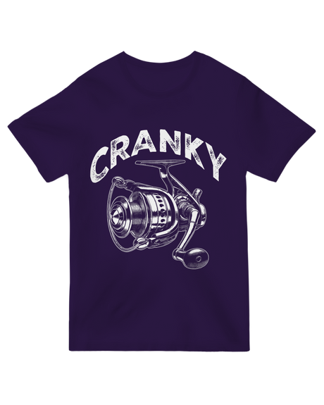 "Charcoal fishing humor t-shirt with ‘Cranky Fishing Reel’ design for frustrated anglers"