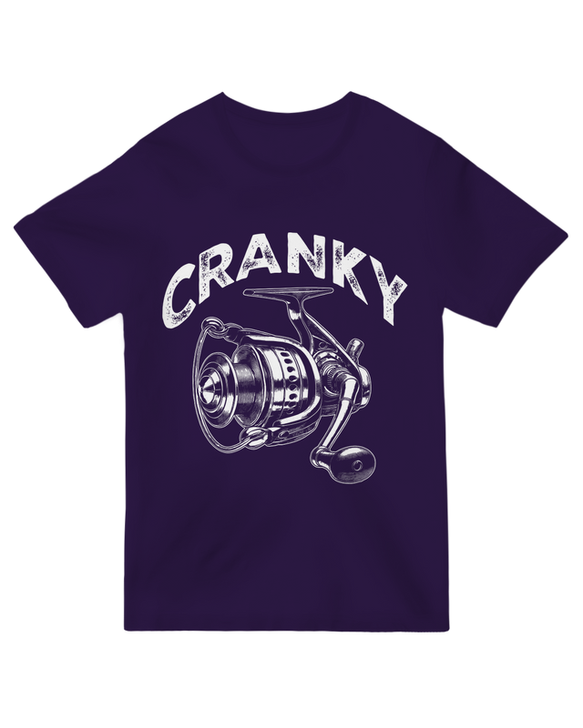 "Charcoal fishing humor t-shirt with ‘Cranky Fishing Reel’ design for frustrated anglers"