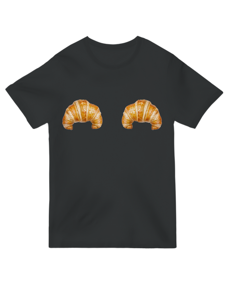 "Funny 'Croissant Twins' matching bakery t-shirt in [color], French pastry humor unisex cotton tee"