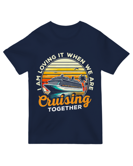 "Navy blue ‘Cruising Together’ matching t-shirts for couples who love boating"