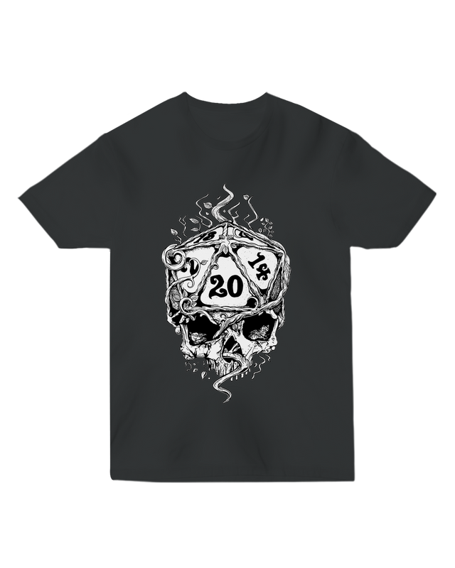 "Black D20 skull t-shirt with glowing neon dice skeleton graphic, styled with metal RPG dice for tabletop gaming aesthetic"