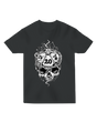 "Black D20 skull t-shirt with glowing neon dice skeleton graphic, styled with metal RPG dice for tabletop gaming aesthetic"