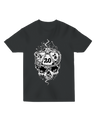"Black D20 skull t-shirt with glowing neon dice skeleton graphic, styled with metal RPG dice for tabletop gaming aesthetic"