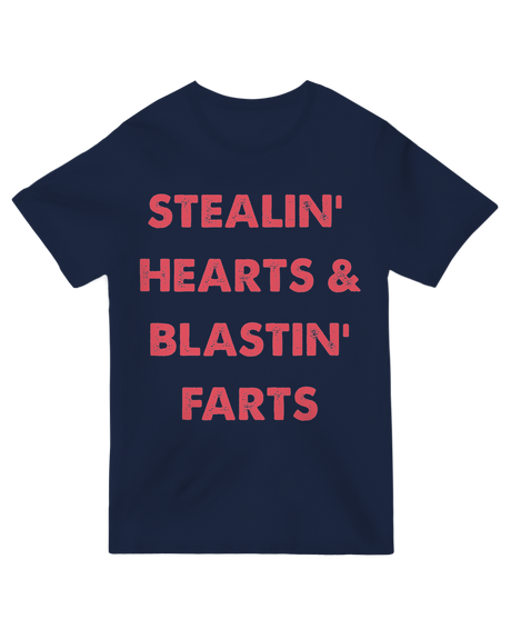 "Stealin Hearts Blastin Farts" text t-shirt – distressed western-style graphic on black cotton tee