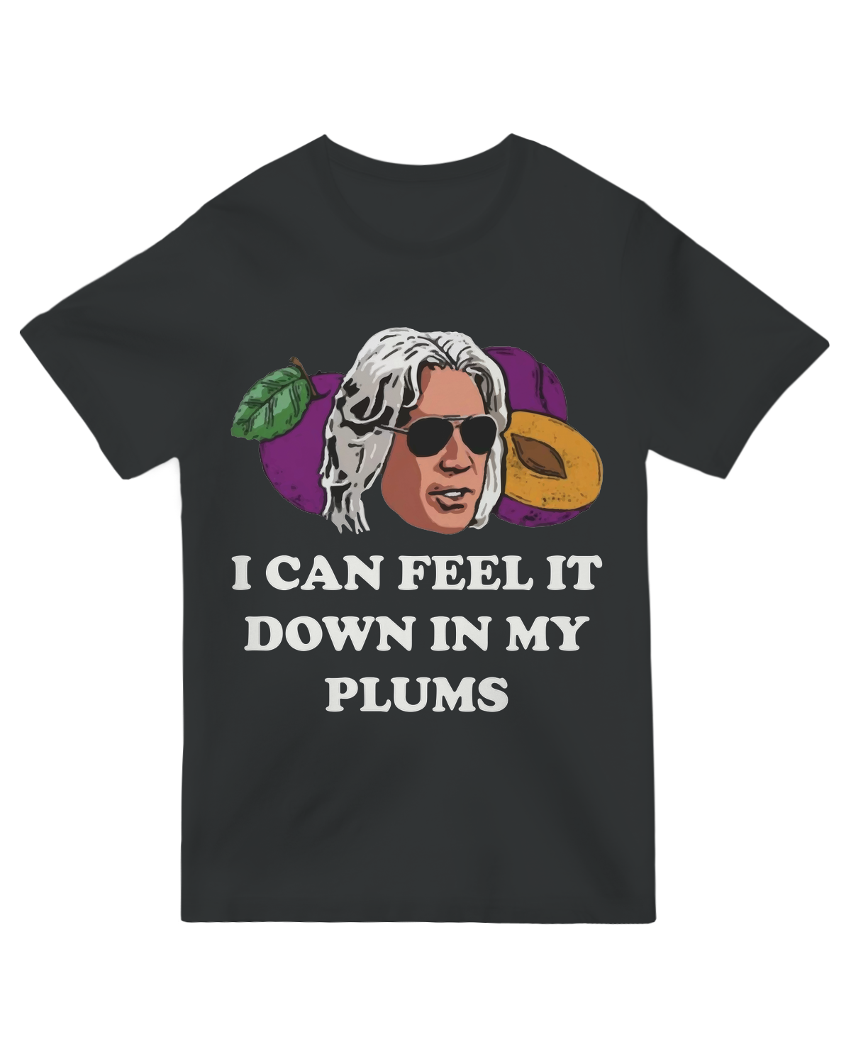 "Cream vintage ‘Feel It In My Plums’ comedy t-shirt for TV meme fans"