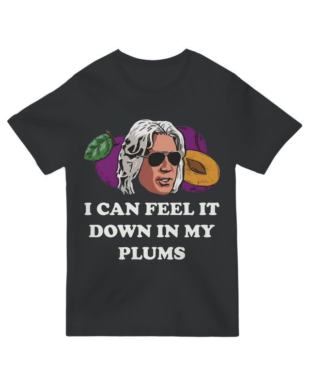 "Cream vintage ‘Feel It In My Plums’ comedy t-shirt for TV meme fans"