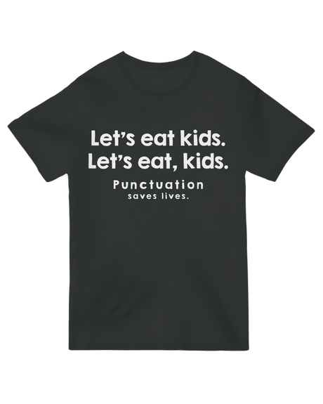 "Navy blue 'Punctuation Saves Lives' grammar t-shirt with funny text example - cotton tee for word nerds and teachers"