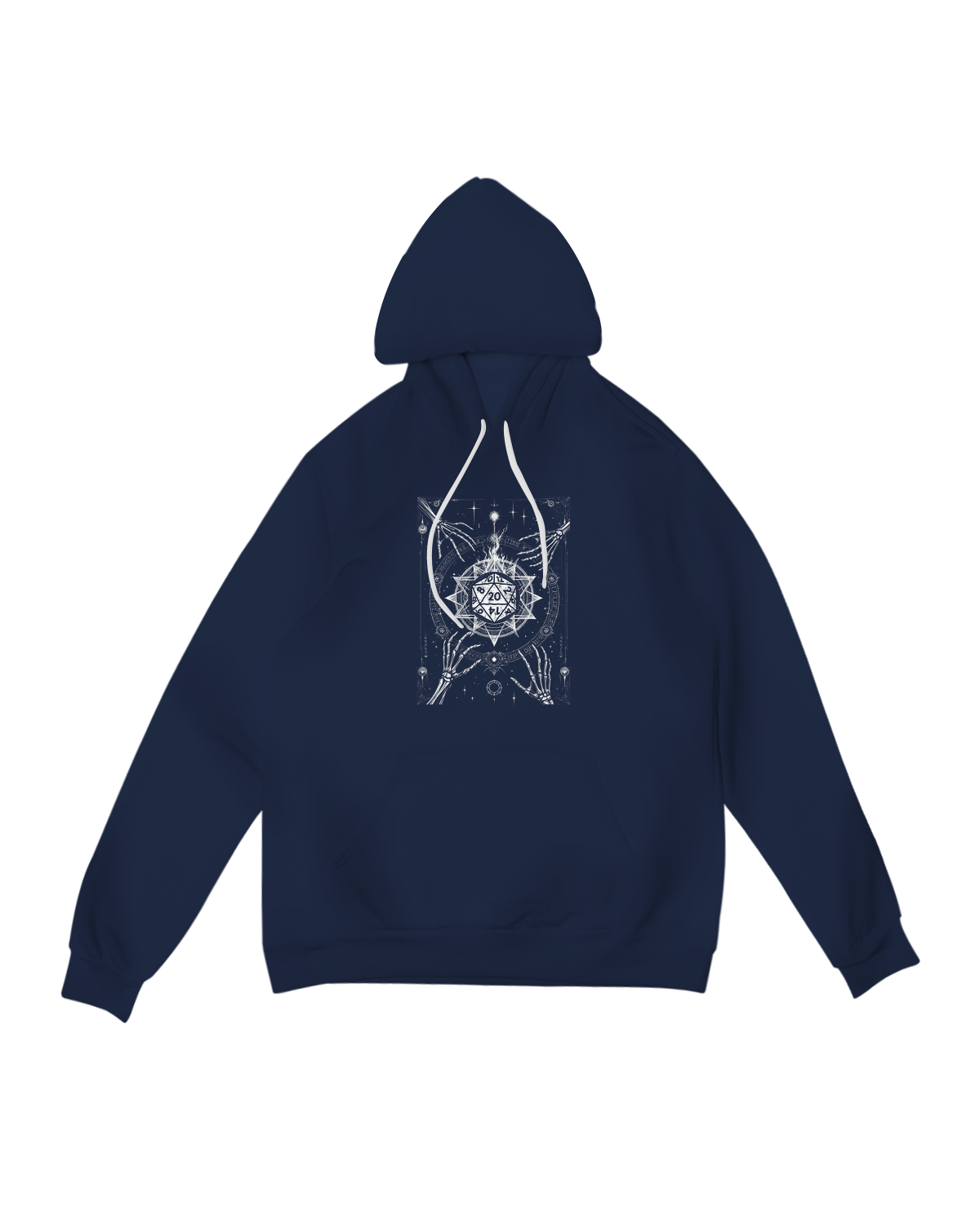 "Black Grim Reaper hoodie with skeletal figure holding glowing D20 dice, styled with a DM screen for dark tabletop RPG aesthetic"