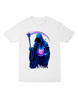 "Black Grim Reaper t-shirt with skeletal figure rolling red D20 dice, modeled with character sheet for dark tabletop RPG aesthetic"