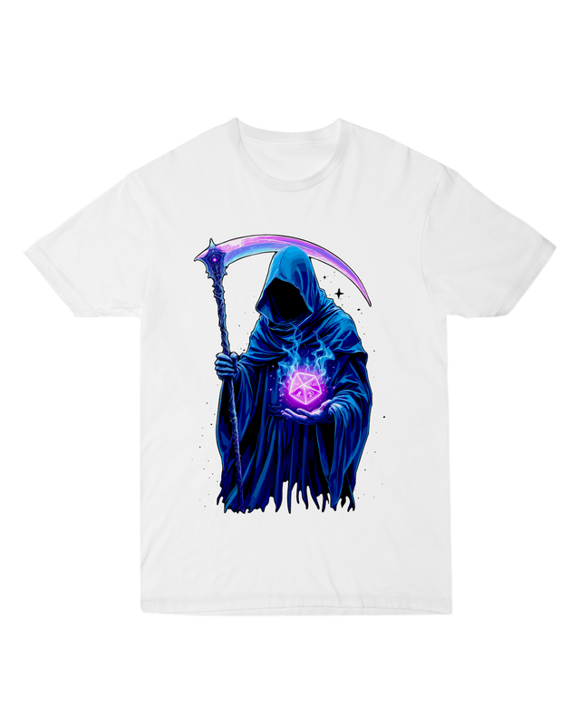 "Black Grim Reaper t-shirt with skeletal figure rolling red D20 dice, modeled with character sheet for dark tabletop RPG aesthetic"
