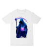 "Black Grim Reaper t-shirt with skeletal figure rolling red D20 dice, modeled with character sheet for dark tabletop RPG aesthetic"