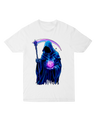 "Black Grim Reaper t-shirt with skeletal figure rolling red D20 dice, modeled with character sheet for dark tabletop RPG aesthetic"