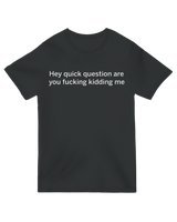 "Funny sarcastic 'Hey quick question are you kidding me?' printed t-shirt in [color], unisex cotton graphic tee"