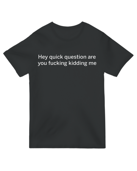 "Funny sarcastic 'Hey quick question are you kidding me?' printed t-shirt in [color], unisex cotton graphic tee"