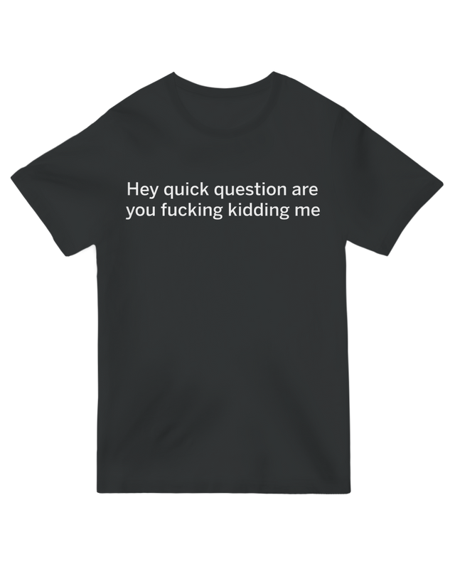 "Funny sarcastic 'Hey quick question are you kidding me?' printed t-shirt in [color], unisex cotton graphic tee"