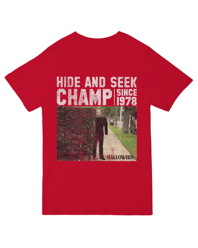 "Vintage ‘Hide and Seek Champ’ horror t-shirt for slasher movie fans"