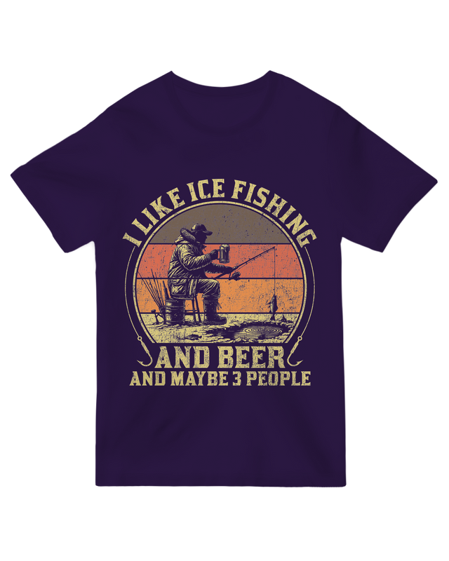 "Heather gray ice fishing humor t-shirt with beer and social distancing joke"