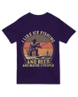 "Heather gray ice fishing humor t-shirt with beer and social distancing joke"