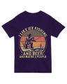 "Heather gray ice fishing humor t-shirt with beer and social distancing joke"