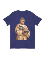 "Playful 'Jesus Holding [Item]' graphic tee – modern biblical humor on soft cotton shirt"