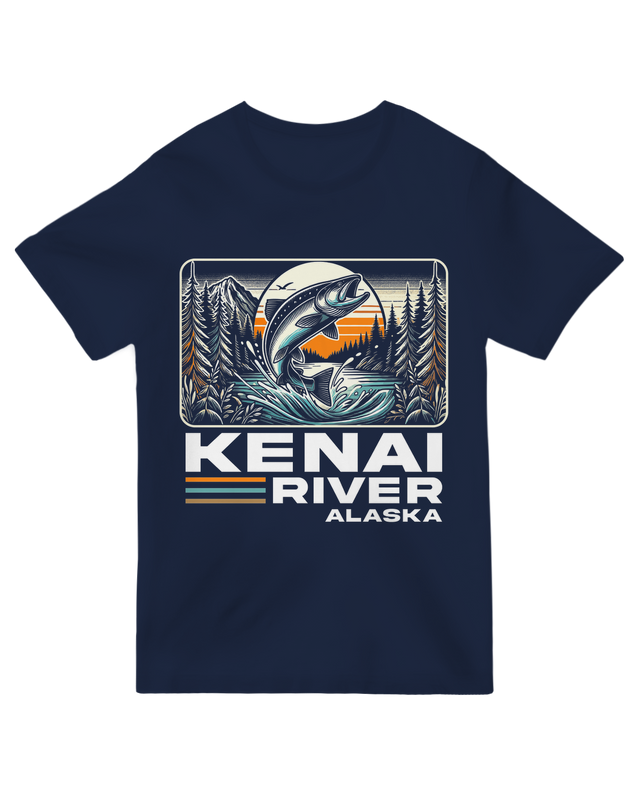 "Gray Kenai River Alaska salmon fishing t-shirt with scenic design - perfect for anglers and travelers"
