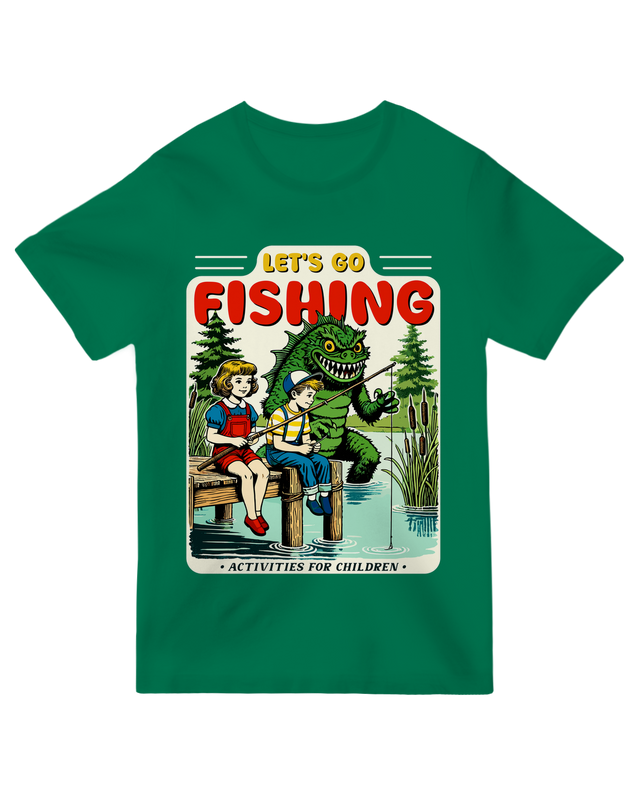 "Navy blue ‘Let’s Go Fishing’ t-shirt for anglers and outdoor enthusiasts"