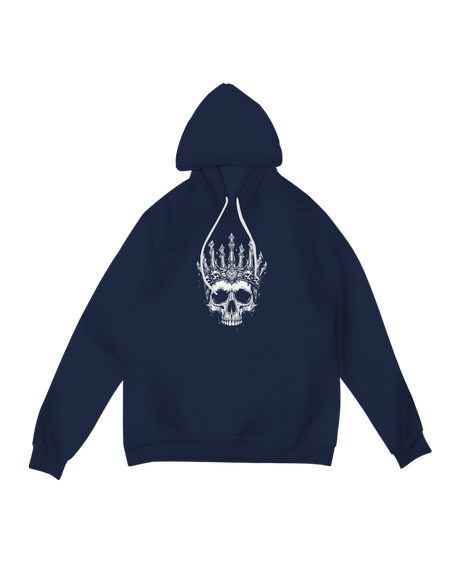 "Black Lich Crown hoodie with glowing bone crown design, modeled with spellbook and obsidian dice for dark RPG aesthetic"
