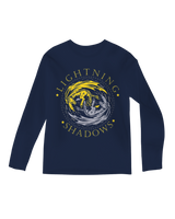"Fantasy fan wearing black 'Lightning and Shadows' long sleeve tee holding a leatherbound book"