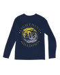 "Fantasy fan wearing black 'Lightning and Shadows' long sleeve tee holding a leatherbound book"