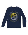 "Fantasy fan wearing black 'Lightning and Shadows' long sleeve tee holding a leatherbound book"