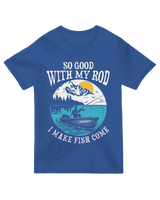 "Blue ‘Make Fish Come’ humorous fishing t-shirt for anglers and outdoor lovers"