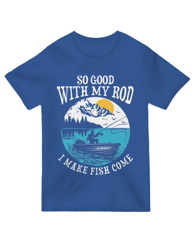 "Blue ‘Make Fish Come’ humorous fishing t-shirt for anglers and outdoor lovers"