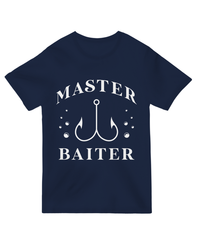 "Green ‘Master Baiter Fishing’ humorous t-shirt for anglers - fishing pun design"

